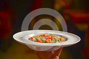 Waiter serving rice with red, green and yellow pepper, tomatoes, red onion, celery. Restaurant service.