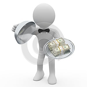 Waiter serving tray five wads of dollars