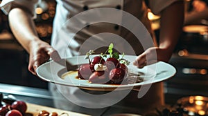 A waiter sets a plate in front of a restaurant patron showcasing a beautifully arranged dessert featuring plums as the photo