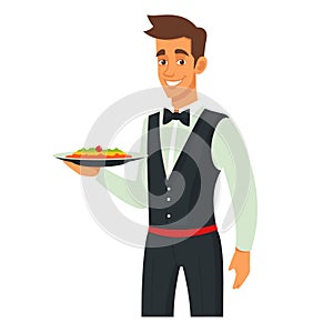 Waiter smiling holding dish ready serve customers excellent service restaurant hospitality photo