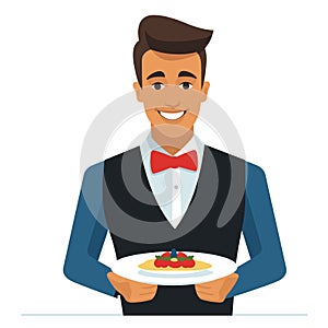 Waiter smiling holding dish ready serve customers excellent service restaurant hospitality photo