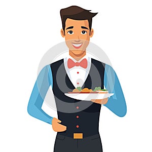 Waiter smiling holding dish ready serve customers excellent service restaurant hospitality photo