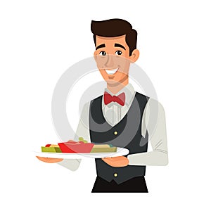 Waiter smiling holding dish ready serve customers excellent service restaurant hospitality photo