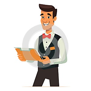 Waiter smiling holding menu ready take order. Young male server dressed formally vest bow tie pad photo