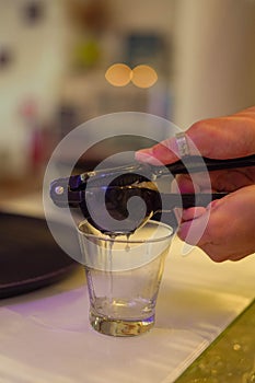 Waiter squeezing lemon into a glass to prepare a cocktail