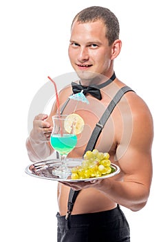 Waiter stripper with a glass of cocktail