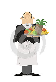 Waiter in suit with a tray of fruit. Vector cartoons