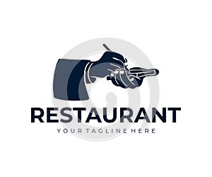 Waiter takes the order, restaurant, food and meal, logo design. Catering, canteen, eatery, vector design