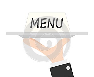 Waiter tray and card menu with hand, stock vector