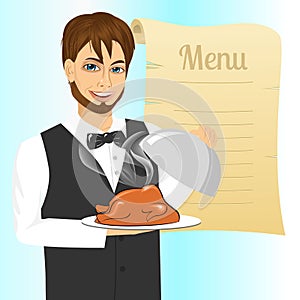 Waiter with tray serving roasted poultry