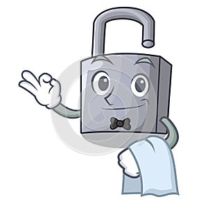 Waiter unlocking padlock on the cartoon gate