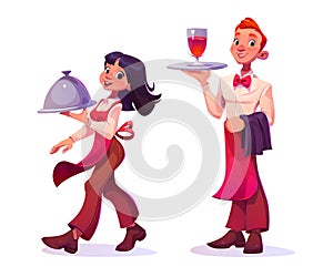 Waiter and waitress serving food and drink