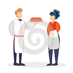 Waiter and waitress standing. Restaurant staff in the uniform