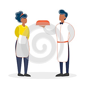 Waiter and waitress standing. Restaurant staff in the uniform