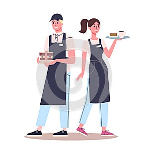 Waiter and waitress standing. Restaurant staff in the uniform