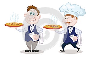 Waiters deliver a hot pizza