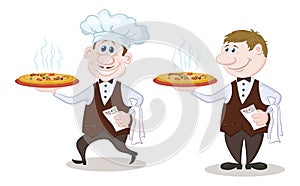 Waiters deliver a hot pizza