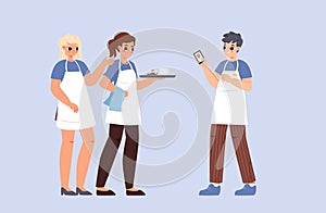 Waiters girls and cafe manager. Students work in restaurant or bar, teenager part time job. Food service, canteen