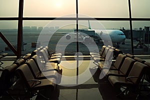 Waiting area with chairs in international airport terminal with behind a window aircraft flight preparation - fueling, catering,