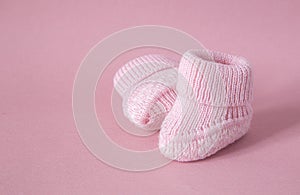 Waiting baby, baby shower. Pink girl newborn shoes