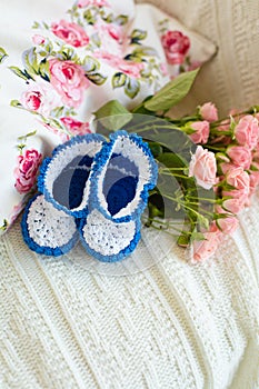 Waiting of baby-boy, blue baby`s bootees