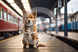 A waiting dog on a train station platform