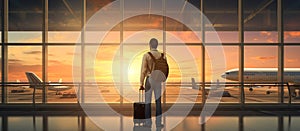 Waiting for flight. businessman standing at the airport window at Airport Terminal, businessman with travel luggage. Generative AI