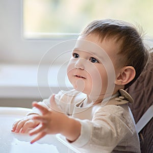 Waiting for food, baby todd is sitting at an empty table. A child in antici