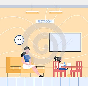 Waiting hall in bank interior. Office or bank restroom interior.