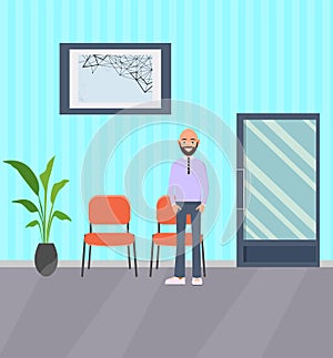 Waiting hall in a blue color with man. Corridor. There are chairs, a water cooler. Vector illustration