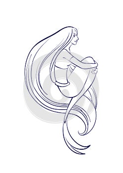 Waiting mermaid with beautiful flowing hair outline. Vector cartoon magic young girl undersea illustration, fantastic creature