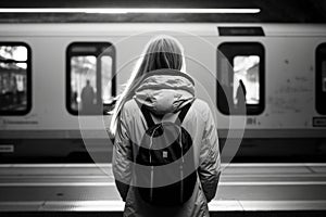 Waiting at Metro Station Young Woman\'s Perspective as the Train Arrives. AI