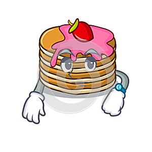 Waiting pancake with strawberry mascot cartoon
