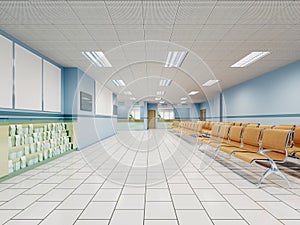 A waiting room in the clinic with orange chairs and light blue walls and white floors