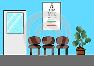 Waiting room of an eye clinic, which has a poster of a brief eye exam outside