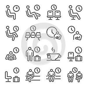 Waiting room icon illustration vector set. Contains such icons as Wait, Clock, Chair, Seat, Chilled, Lounge, and more. Expanded St