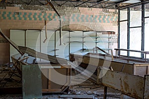 Waiting room in no. 126 hospital in Pripyat ghost town, Chernobyl Nuclear Power Plant Zone of Alienation, Ukraine