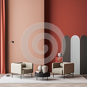 Waiting room with red walls, two armchairs, devider