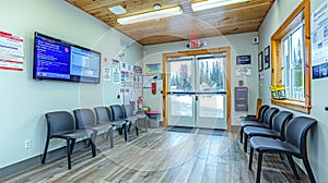A waiting room with seating and a TV, designed for comfort and relaxation