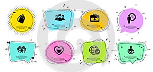 Waiting, Share and World statistics icons set. Safe water, First aid and Group signs. Vector