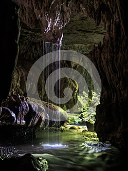 Waitomo Cave Underground Waterfall Scene in New Zealand