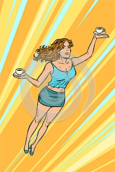 Waitress carries coffee flying superhero help