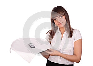 Waitress with cell phone on tray