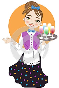 Waitress with elegant and colorful uniform carries a tray with cold