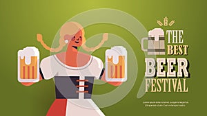 Waitress holding beer mugs Oktoberfest party celebration concept