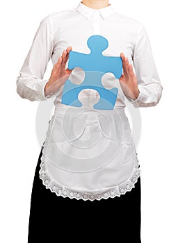 Waitress holding a blue puzzle piece