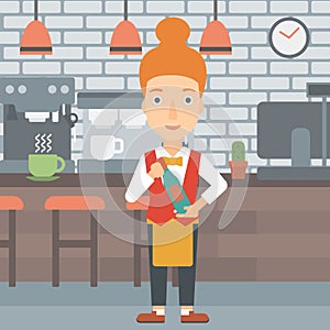 Waitress holding bottle of wine.