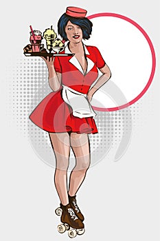 Waitress with plate on roller skates. Red dress. Diner waitress. Vector image