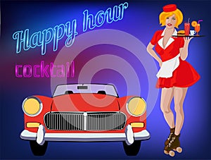 Waitress with plate on roller skates. Red dress. Diner waitress. Vector image