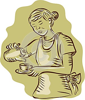 Waitress Pouring Tea Cup Vintage Etching